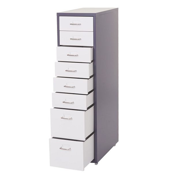 Mendler Boston T851 roll container, armoire à tiroirs en acier, 110x28x41cm 8 tiroirs, blanc gris foncé, 72288