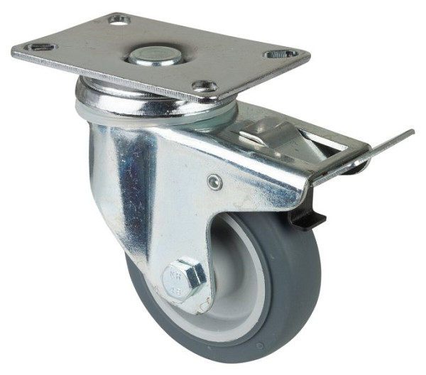 Roulettes BS Roulette pour appareil lourd avec frein, largeur 21 mm, Ø80 mm, jusqu'à 80 kg, caoutchouc gris, palier lisse, platine, lot de 4, C120.A80.081