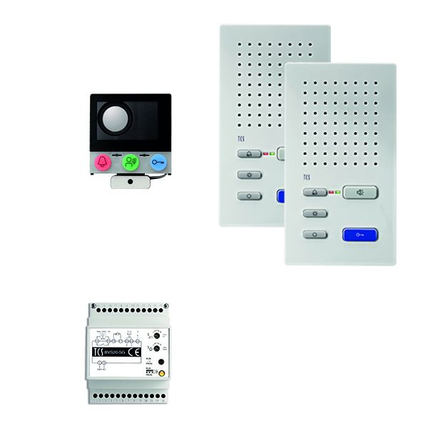 Système de contrôle de porte audio TCS : pack installation pour 2 unités résidentielles, avec haut-parleur intégré ASI12000, 2x haut-parleur mains libres ISW3130, unité de contrôle BVS20, PAIF020 / 003