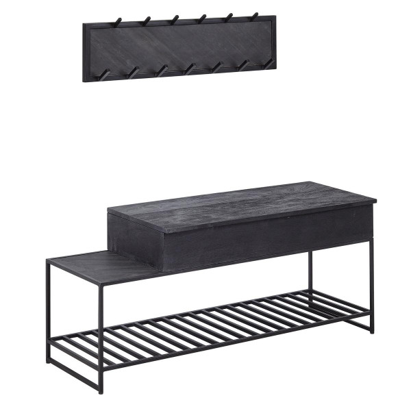 Banc Wohnling avec armoire murale Banc à chaussures en bois massif de manguier noir 110 cm, ensemble d'armoire design de couloir industriel, WL6.637
