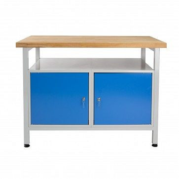 Etabli ADB avec 2 portes et étagère, dimensions : 1200x600x840mm (LxPxH), couleur table de travail : gris, RAL 7035, couleur porte : bleu clair, RAL 5012, 41924