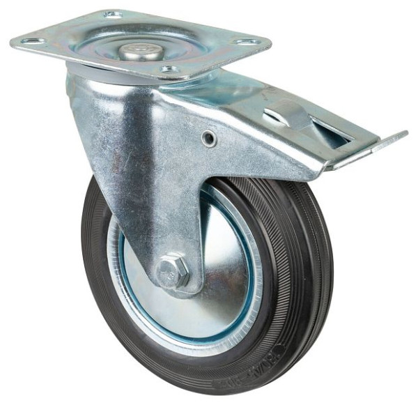 Rouleau de transport BS rollers avec frein, largeur 45 mm, Ø180 mm, jusqu'à 170 kg, caoutchouc noir, roulement à rouleaux, plateau, lot de 2, L420.B55.181