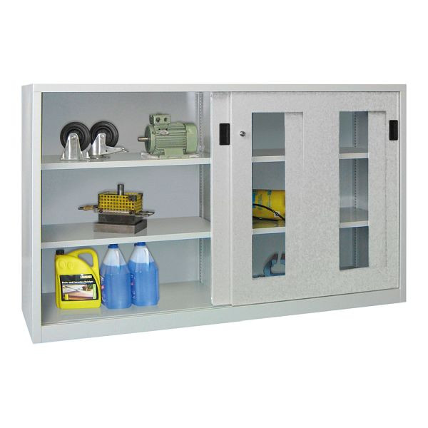 Armoire à portes coulissantes pour charges lourdes Pavoy 1200/2000/600, cloison centrale, 4 étagères enduites de poudre ; portes vitrées; Serrure à cylindre à poussée rotative, 30331-200-691-735512