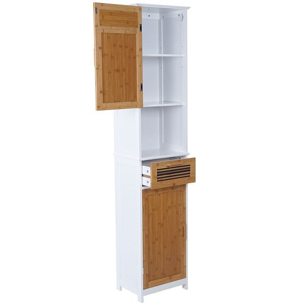 Armoire haute Mendler HWC-A85, armoire de salle de bain étagère de salle de bain bambou, 180x40x31cm blanc, 57142