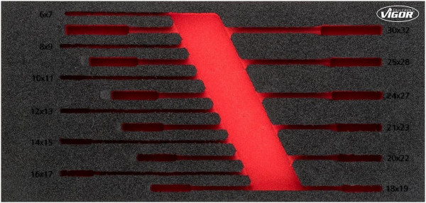 Inserts en mousse souple bi-composant VIGOR, dimensions insert / taille tiroir : S (188 x 393 x 35 mm), utilisation : V6721, V6721-L