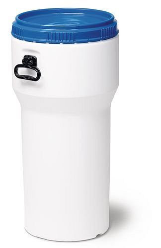 Fût à col large DENIOS en PE, 60 litres, avec couvercle, blanc/bleu, emboîtable, homologation UN, 217-401