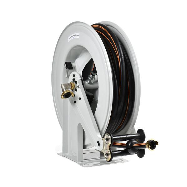 Enrouleur de tuyau Ebinger OSK 500 avec boîtier en plastique ABS, cadre et axe peints en acier, fluide : eau chaude, tuyau de 15 m, ID : 5/8", 3.500.105