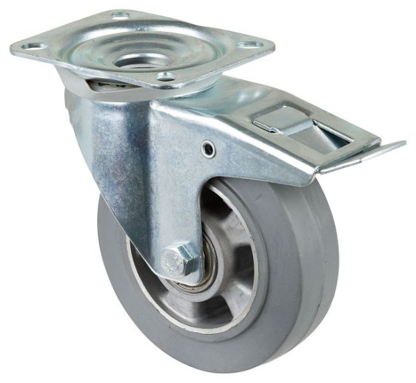 Rouleau de transport BS rollers avec frein, largeur 50 mm, Ø160 mm, jusqu'à 300 kg, pneus élastiques gris, corps de roue en aluminium, roulements à billes, L420.B83.160