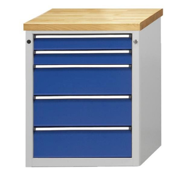 Armoire latérale ANKE; 665 x 650 mm; RAL 7035/5010; Hêtre plaque solide; 5 tiroirs 90, 90, 180, 180, 180 mm