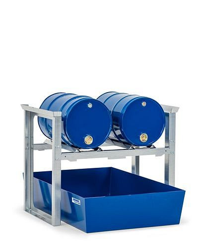 Râtelier à fûts DENIOS pour 2 fûts de 60 litres chacun, avec plateau en acier, 1049 x 1236 x 837 mm, 291-778