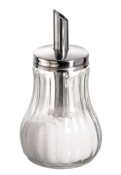 Distributeur de sucre APS, Ø 8 cm, hauteur : 15 cm, 250 ml, récipient en verre cannelé, couvercle à vis en inox, avec tube doseur, 40486