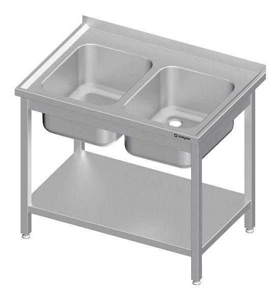 Meuble évier Stalgast avec base, 2100x600x850 mm, avec deux bacs à gauche, avec dosseret, soudé, VST21603LA