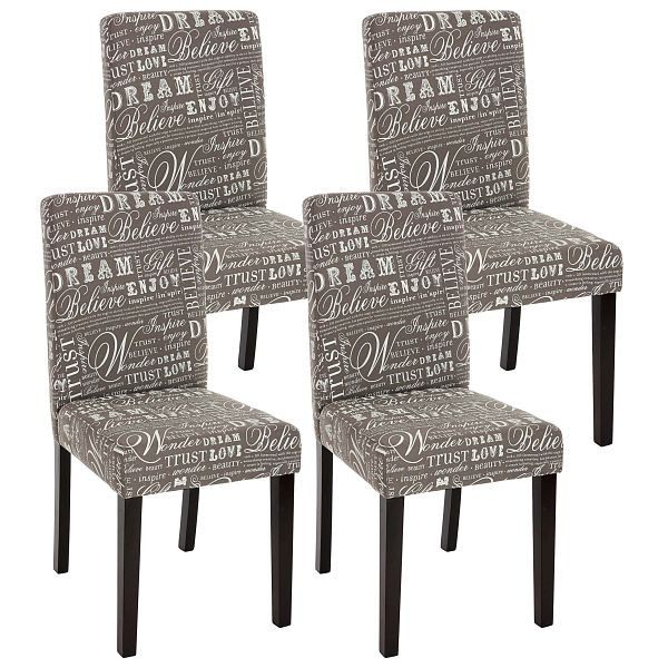 Ensemble de 4 chaises de salle à manger Mendler, chaises de cuisine, Littau, textile avec lettrage, gris, pieds foncés, 33710