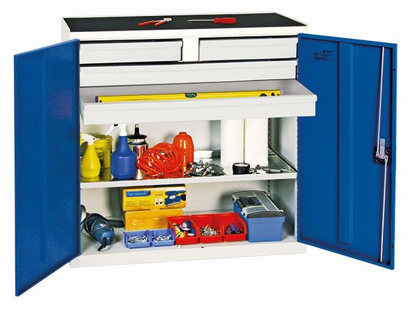armoire à outils et matériaux contondants série 2000, 7035/5010, 2 tiroirs, 2 grands tiroirs, 1 étagère, 2007474