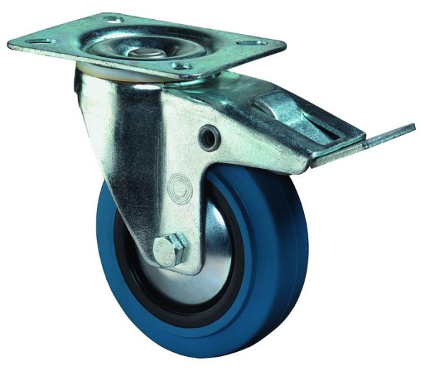 Rouleau de transport BS rollers avec frein, largeur 26 mm, Ø100 mm, jusqu'à 140 kg, pneus élastiques bleus, corps de roue en plastique, roulement à rouleaux, L520.B61.101