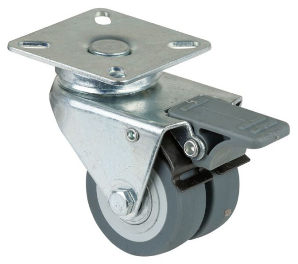 Appareil à rouleaux BS double rouleau avec frein, largeur 2x18 mm, Ø50 mm, jusqu'à 60 kg, bande de roulement en caoutchouc gris, roulement à billes, lot de 4, B120.A85.050