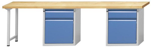 Établi combiné ANKE 2 postes de travail; 2800x700mm; RAL7035 / 5012; Au milieu et à droite 1 armoire plinthe, 1 tiroir 170 mm
