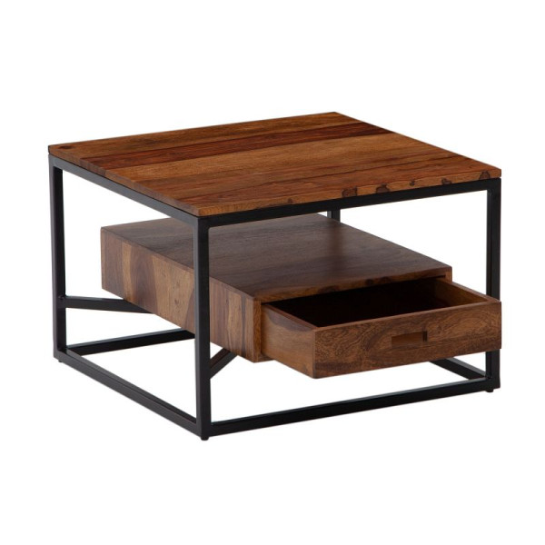 Wohnling Table basse 60x60x40 cm en bois massif de Sheesham/métal Table de canapé design carré Table de salon Table basse solide avec tiroir WL6.721
