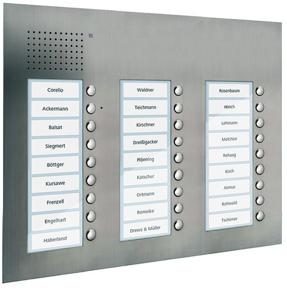 Station extérieure audio TCS série PUK 27 boutons de sonnette (alignés à droite), 3 colonnes, UP en acier inoxydable, PUK27/3-ES