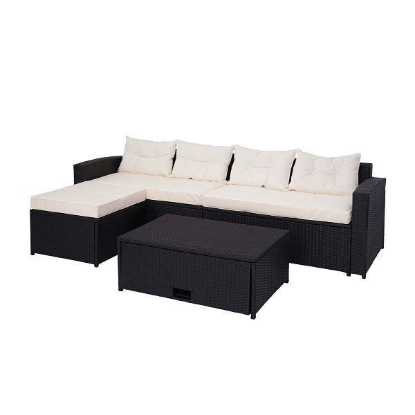 Ensemble en polyrotin Mendler HWC-J34, ensemble balcon/jardin/salon, canapé, compartiment de rangement, noir, coussins beige crème, 77084+77085+77086