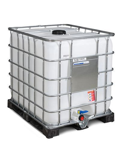 Conteneur IBC DENIOS, palette PE, 1000 litres, ouverture NW150, sortie NW50, 266-156