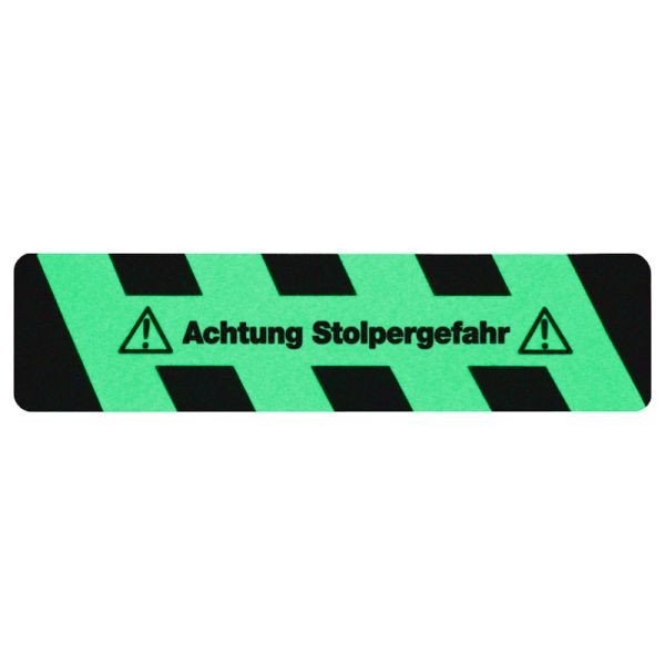 m2 revêtement antidérapant noir/vert luminescent avec bande texte "Attention : risque de trébuchement" 150x610mm, M1X21500610