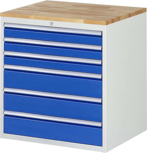 Armoire à tiroirs RAU série 7000, L770 x P650 x H825 mm, 6 x tiroirs taille XL 3xH90, 3xH150 mm, plan de travail en hêtre massif, épaisseur 25 mm, 03-XL5.9A-B.11