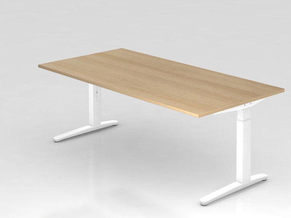 Bureau Hammerbacher pied C 200x100cm chêne/blanc, coulisses en aluminium blanc, forme rectangulaire, VXB2E/E/WW