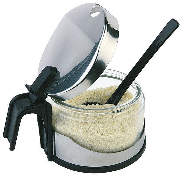 APS Huilier à parmesan -Économique-, Ø 10,5 cm, hauteur : 7 cm, acier inoxydable, ABS, avec cuillère en plastique, fond en plastique noir, 40453