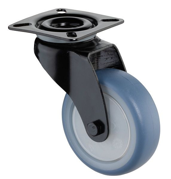 BS Castors Roulette pivotante noire, roue en caoutchouc thermoplastique bleu clair, jante naturelle, roulement à billes, plaque, diamètre : 75 mm, pack : 4 pièces, A800.A85.075.05
