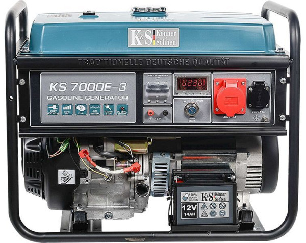 Könner & Söhnen Groupe électrogène essence à démarrage électrique 5 500 W, 1 x 16 A (230 V)/1 x 16 A (400 V), 12 V, régulateur de tension, protection contre le faible niveau d'huile, protection contre les surtensions, affichage, KS 7000E-3