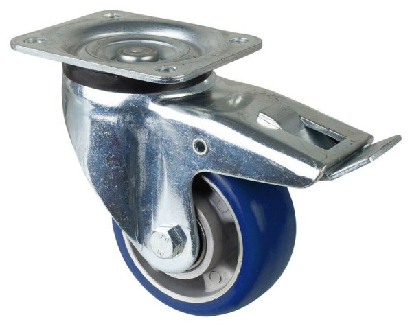 Roulette pivotante pour charges lourdes BS Wheels avec frein, roue en polyuréthane 83 Shore, jante en aluminium, roulement à billes, platine, diamètre : 125 mm, L620.B92.125