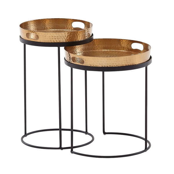 Wohnling – lot de 2 tables d'appoint rondes martelées en métal doré/noir, table basse à plateau amovible, WL6.459