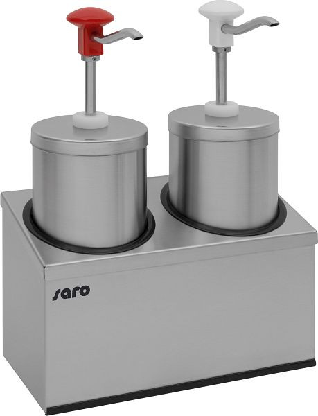 Distributeur de sauce Saro modèle PD-005 avec support pour deux distributeurs de sauce, acier inoxydable, chrome, plastique, 421-1015