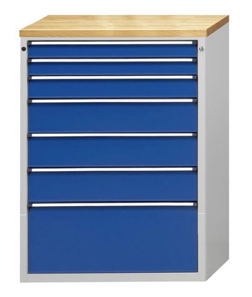 Armoire à tiroirs ANKE; 910 x 675 x 1280 mm; RAL 7035/5010; Baignoire avec tapis antidérapant; 7 tiroirs 90, 90, 120, 180, 180, 180, 360 mm, 610.316