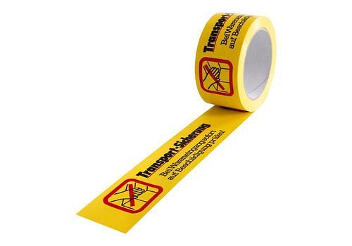 Ruban adhésif d'avertissement DENIOS, PVC, impression de sécurité pour le transport, jaune, 50 mm de large x 66 m, paquet : 12 rouleaux, 299581