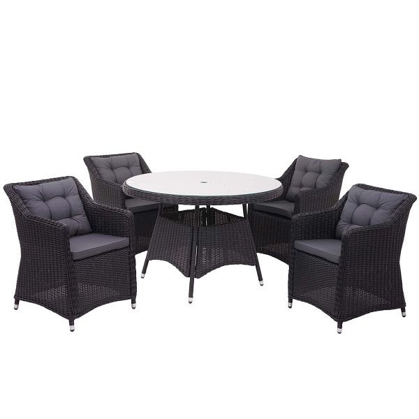 Ensemble en polyrotin Mendler HWC-F51, ensemble jardin/salon, table et 4 chaises, coussins ronds en rotin anthracite, gris foncé, 69756+2x69757+70984
