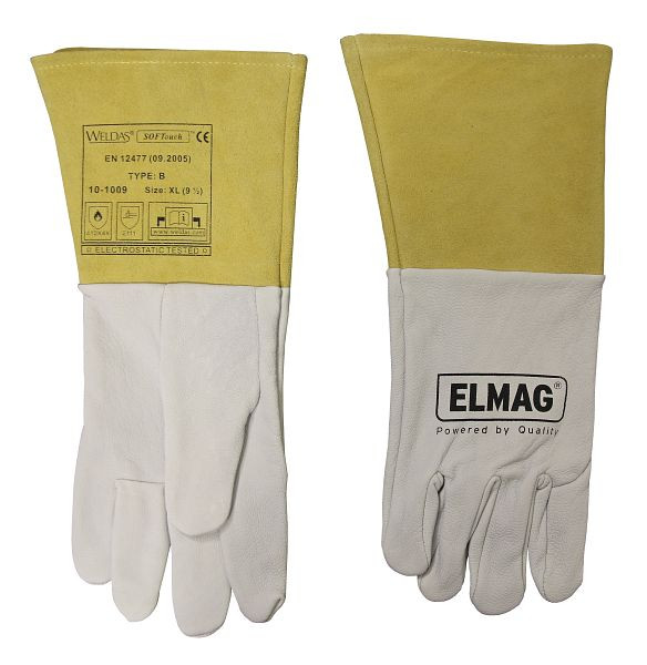 ELMAG Gants de soudage à 5 doigts WELDAS 10-1009 M, TIG/TIG en cuir de chèvre pleine fleur avec manchette en croûte de cuir de vachette, longueur : 35 cm, taille 8,5 (1 paire), 59150