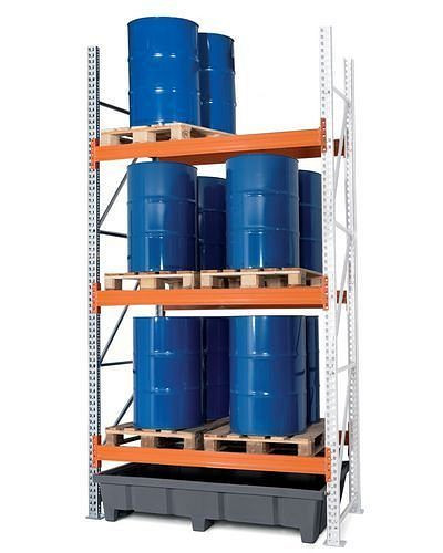 Rayonnage à palettes DENIOS PRP 18.37 pour 6 palettes Euro ou 3 palettes chimiques, 3 niveaux, unité complémentaire, 266-318