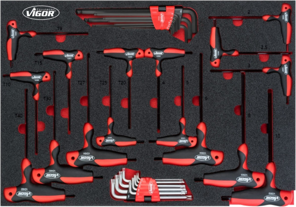 Jeu de tournevis à poignée en T et tournevis coudés VIGOR, profil TORX interne, profil hexagonal interne, 2 - 10, T9 - T40, nombre d'outils : 34, V5175