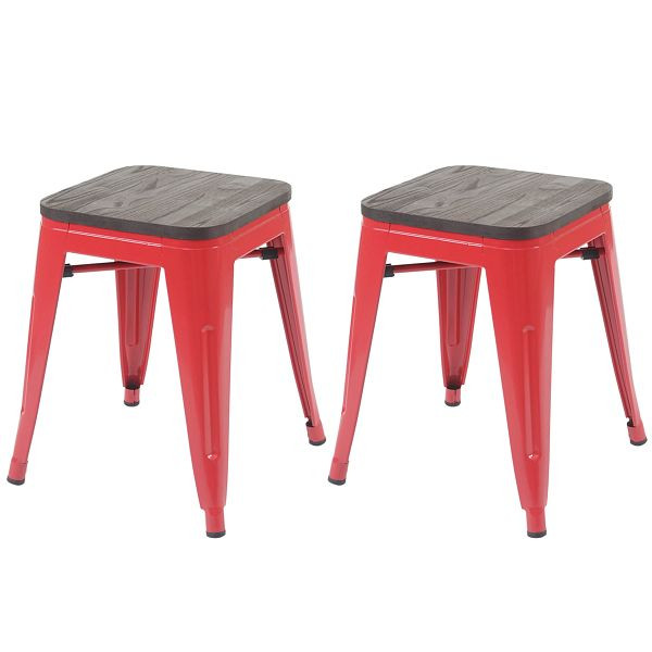Ensemble de 2 tabourets Mendler HWC-A73 avec siège en bois, tabouret en métal, design industriel en métal empilable, rouge, 70400