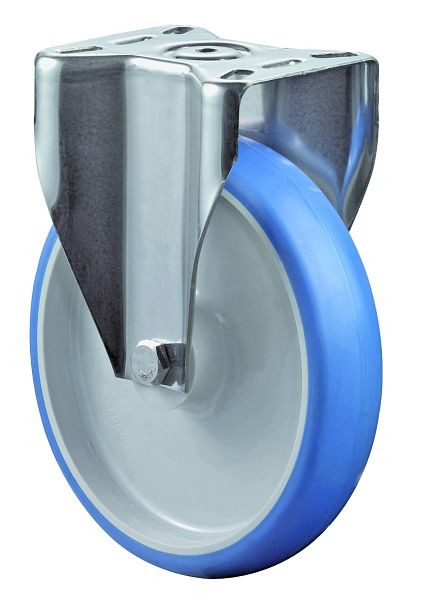 Rouleau de transport BS rollers inox, rouleau fixe, largeur 50 mm, Ø200 mm, jusqu'à 200 kg, polyuréthane bleu, corps de roue plastique, palier lisse, platine, H110.B32.200