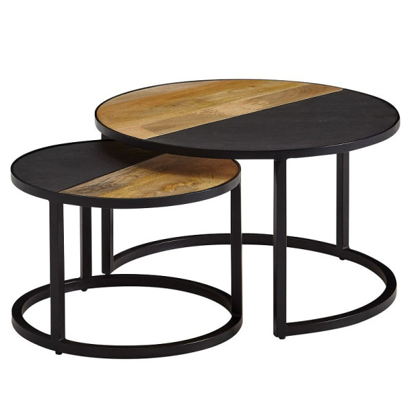 Wohnling ensemble de 2 tables basses en bois massif de manguier / table de canapé en pierre ronde moderne, table d'appoint design 2 pièces, tables de salon rondes, WL6.582