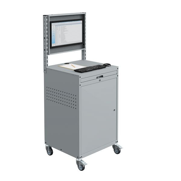 Meuble informatique SOFAME MODULINFO L695 x P 660 x H 1005 avec caisson moniteur inclinable sur roulettes, gris clair RAL 7035, W040010028GCGC