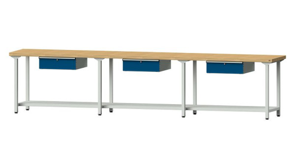 Bancs de travail ANKE table de travail, modèle 103, 4050 x 700 x 900 mm, RAL 7035/5010, BMP 50 mm, 400.535