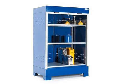 DENIOS SteelSafe Dépôt de matières dangereuses D2, avec volet roulant et étagère en acier pour petits conteneurs, 291044