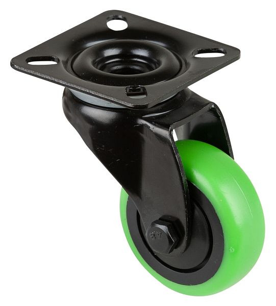 Roulettes BS Roulette pivotante noire, roue en caoutchouc thermoplastique vert, jante noire, roulement à billes, platine, diamètre : 50 mm, lot de 8, A800.A85.050.04