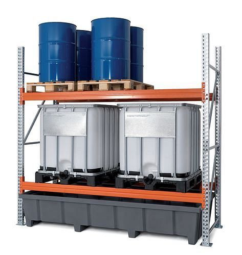 Rayonnage à palettes DENIOS PRP 27.27 pour 6 palettes Euro ou 4 palettes chimiques ou 4 IBC, avec 2 niveaux de stockage, champ de base, 201-633