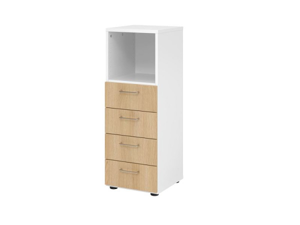 Armoire à tiroirs Hammerbacher 3OH, 4 tiroirs 934S4 BS, corps : blanc / façade : chêne, 40x41,7x110 cm (LxPxH), 4 tiroirs, poignée en métal BS, V934S4/W/E/BS