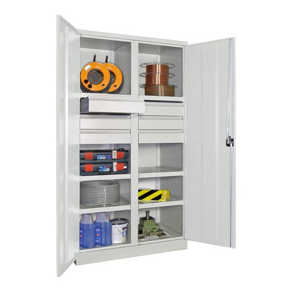 Armoire charges lourdes Pavoy 1950/1040/630, cloison, 6 étagères thermolaquées, 6 tiroirs, portes battantes, poignée rotative avec serrure à cylindre, 36366-104-003-905735
